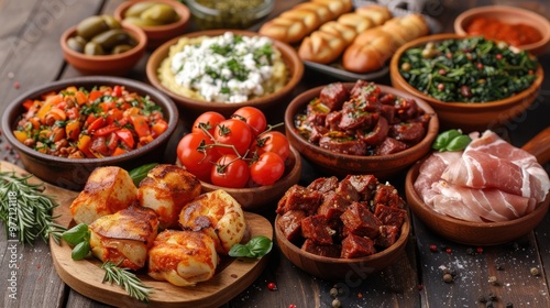 A vibrant assortment of traditional Mediterranean dishes arranged on a rustic wooden table in early afternoon light. Generative AI