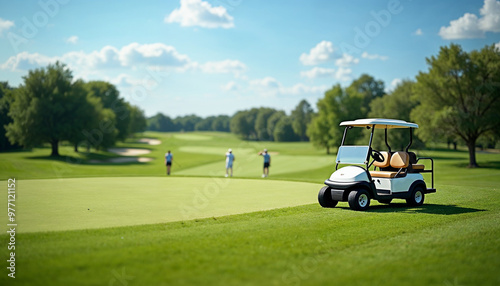 Stylish golf cart on a sunlit course with a panoramic view, golfers in the distance, and space for text.