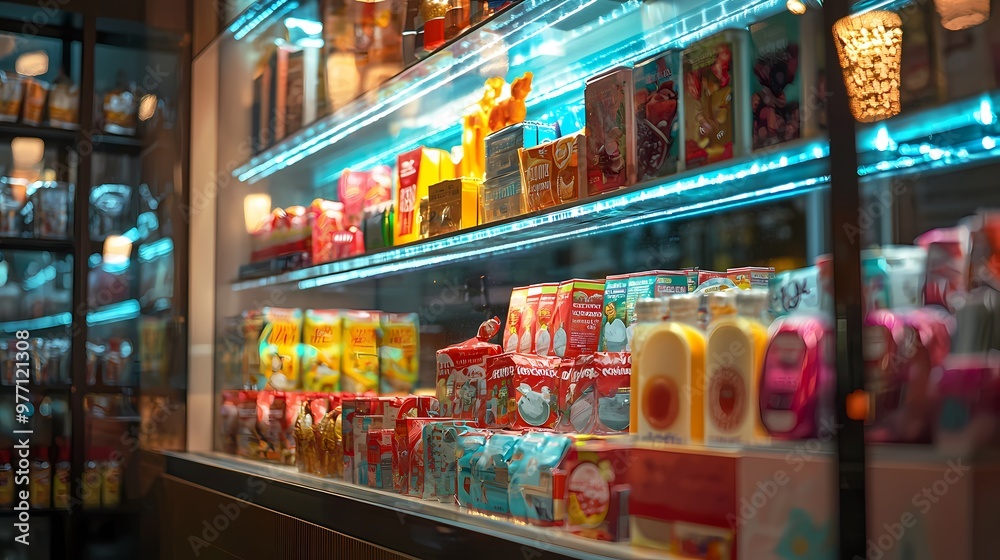 Fototapeta premium Vibrant Display of Assorted Beverages and Snacks Captivating Customers in a Stylish Storefront