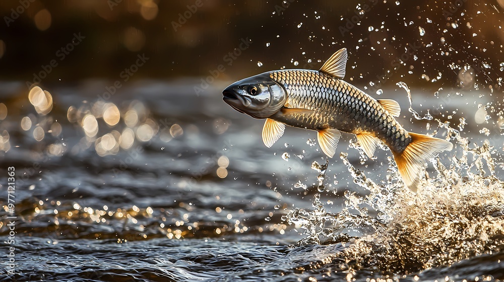 A Dazzling Fish Soars Through Sunlit Water, Creating Sparkling Splashes and Glimmers in a Breathtaking Display of Nature's Energy and Beauty. A Dazzling Fish Soars Through Sunlit Water, Creating Sparkling Splashes and Glimmers in a Breathtaking Display of Nature's Energy and Beauty.