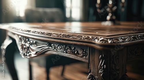 Vintage oak dining table with intricate detailing,