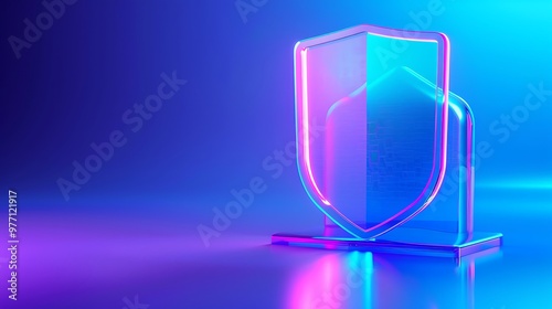 A futuristic shield symbol illuminated with vibrant neon lights, representing protection and security in a digital world.