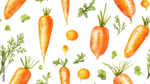 Watercolor Vegan Pattern Seamless Hand Drawn Vegetables Healthy Food Print Gardening Background Greenery Repeatable Design for Menus Restaurants Salad Bars and Markets Carrot Vegetarian