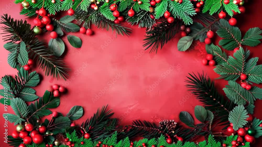 A festive arrangement of evergreen branches, red berries, and lush leaves on a rich red background. Perfect for holiday content, decorations, or seasonal promotions. A festive arrangement of evergreen branches, red berries, and lush leaves on a rich red background. Perfect for holiday content, decorations, or seasonal promotions.
