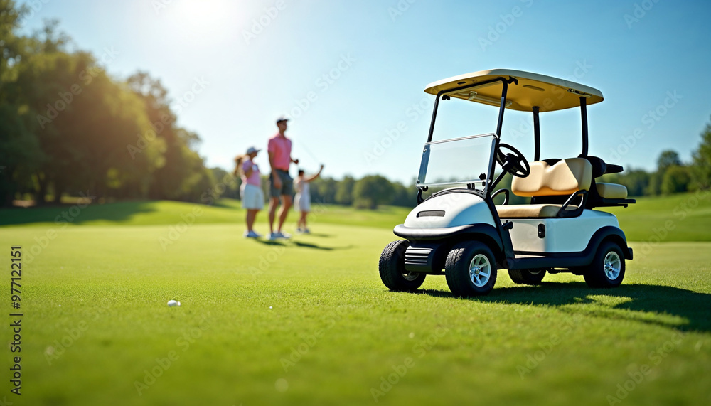 Stylish golf cart on a sunlit course with a panoramic view, golfers in the distance, and space for text.
Stylish golf cart on a sunlit course with a panoramic view, golfers in the distance, and space for text.
