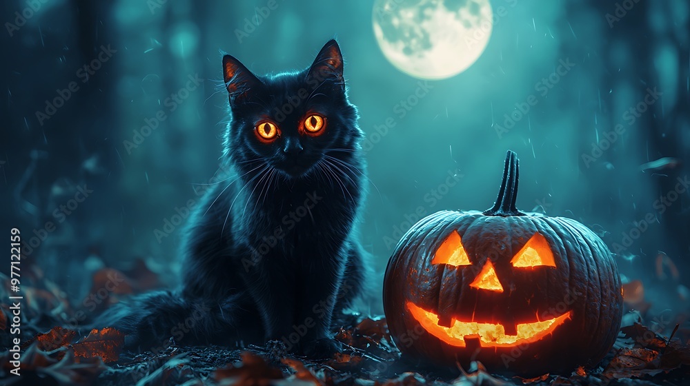 A black cat sits beside a Jack-o�-lantern, illuminated by the full Halloween moon. A black cat sits beside a Jack-o�-lantern, illuminated by the full Halloween moon.