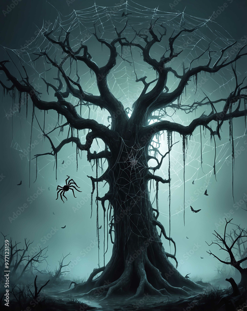 Naklejka premium Spooky tree with hanging spider webs