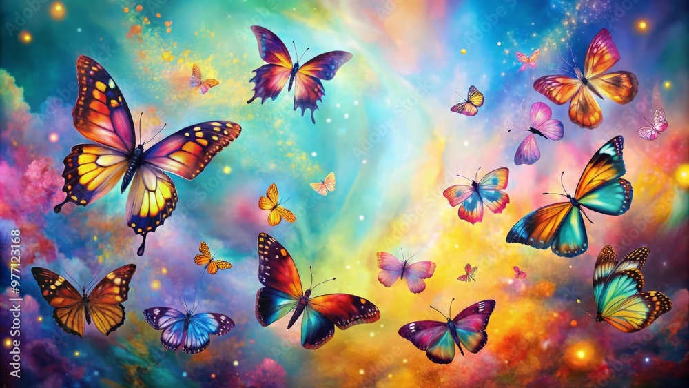 Butterflies flutter against an abstract canvas, exploring the intersection of nature's beauty and artistic expression Butterflies flutter against an abstract canvas, exploring the intersection of nature's beauty and artistic expression