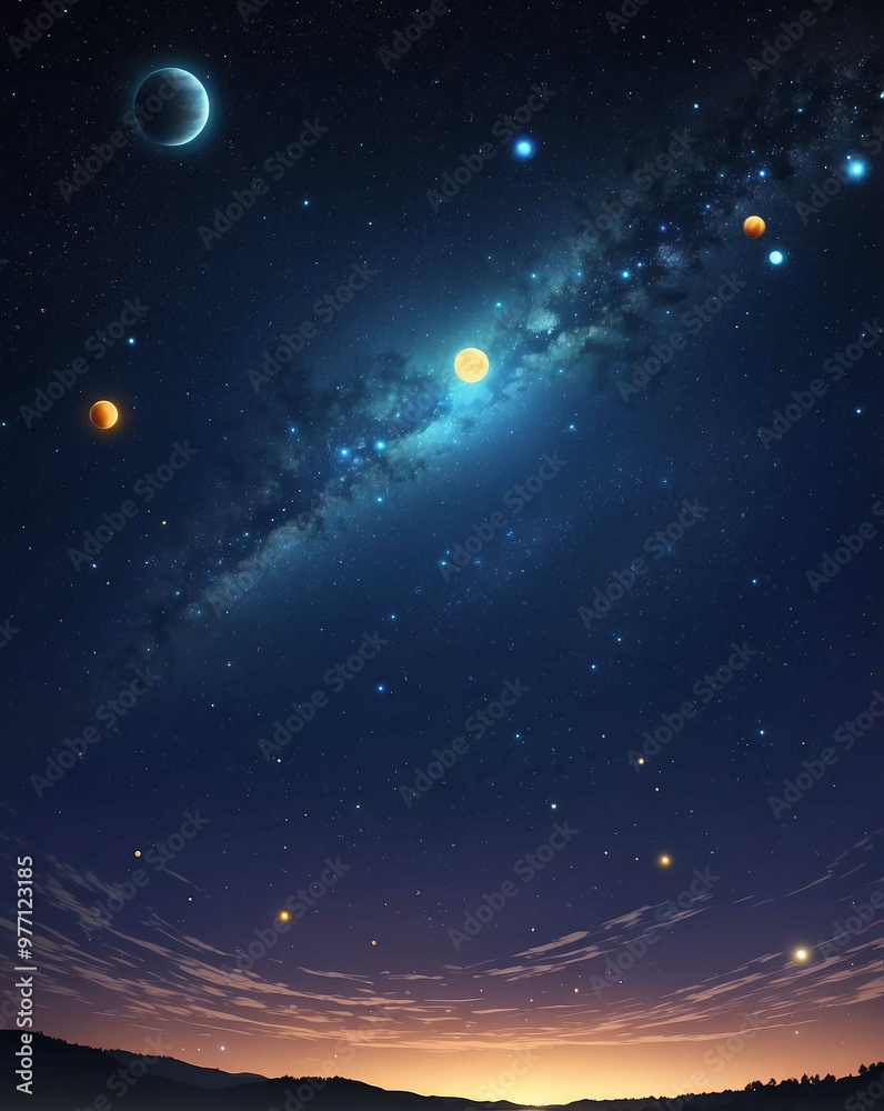 Starry night sky with glowing planets pattern Starry night sky with glowing planets pattern