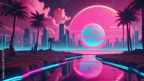 retro 80s sunset over the city. generate ai