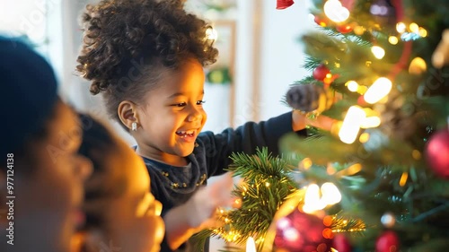 A joyful young girl with curly hair decorates a Christmas tree with glowing lights and vibrant ornaments, embodying the spirit of family traditions and holiday cheer.