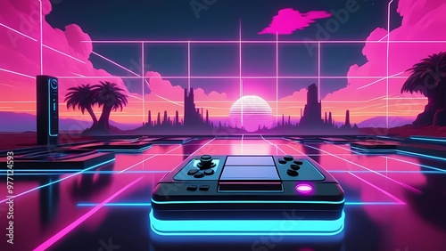 Futuristic neon grid with retro computers and game controllers in a vibrant virtual world