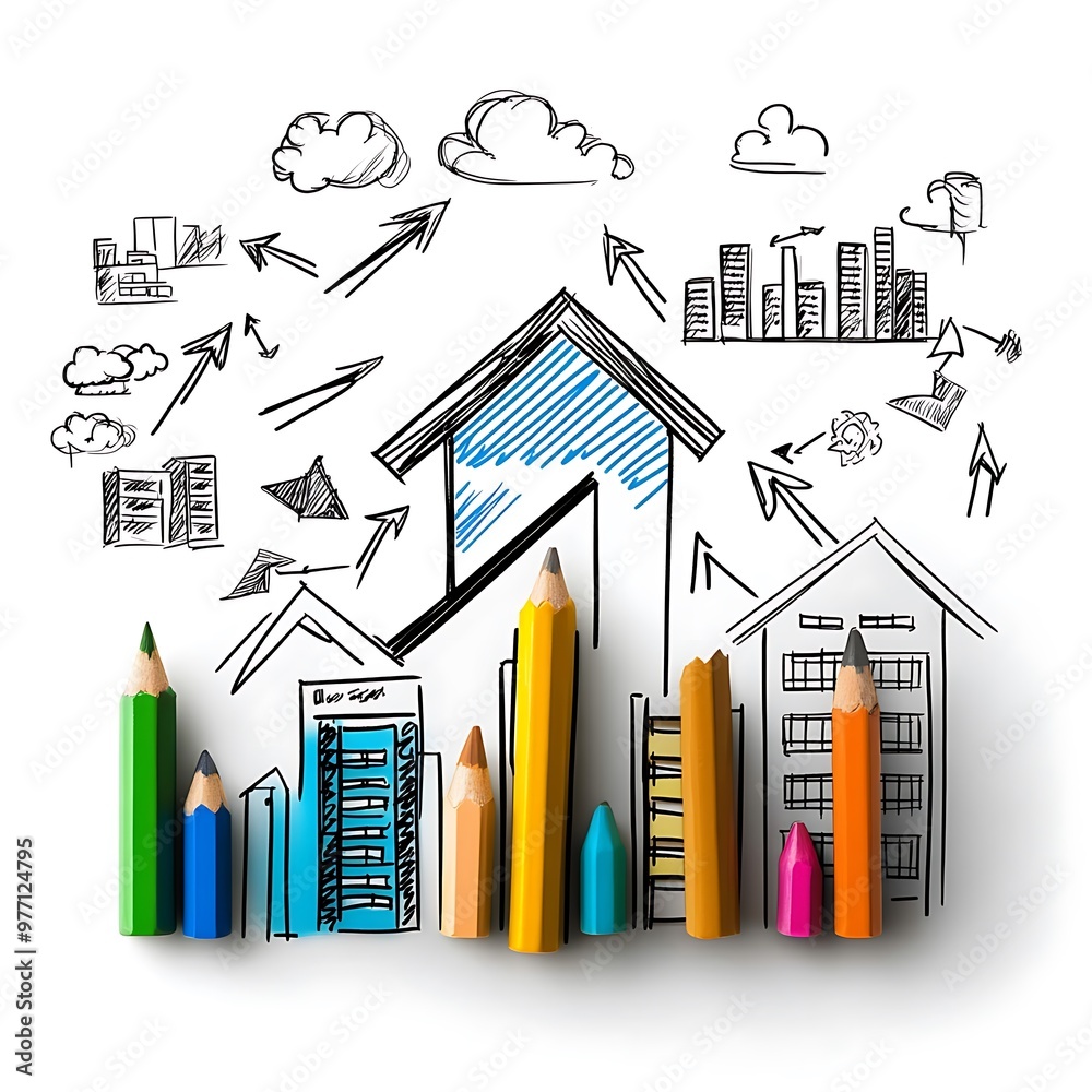 Upward Hand Drawn Arrows and Buildings Illustrating Market Trends and Business Growth 