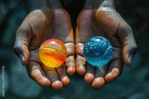 A close-up of two hands holding different colored marbles, symbolizing the blending of two languages