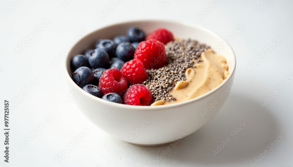 Delicious overnight oats topped with berries, chia seeds, and almond butter against a clean white background.
Delicious overnight oats topped with berries, chia seeds, and almond butter against a clean white background.
