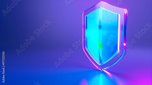 A glowing shield icon on a gradient background symbolizing security and protection in digital technology. photo