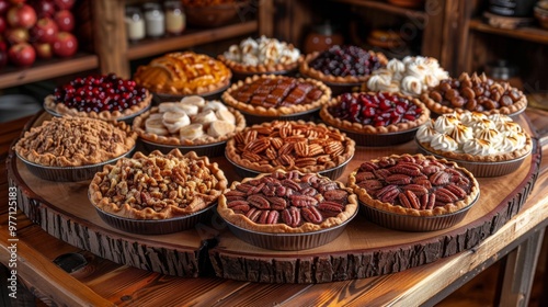 Thanksgiving and Harvest Festival. rustic wooden table adorned with variety of Thanksgiving desserts, including pumpkin pie, pecan pie, apple pie, cranberry tart