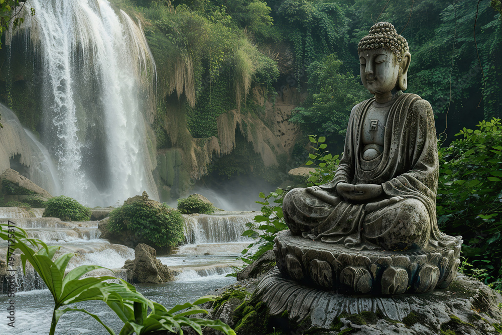 Beautiful greeting card with ancient statue great Buddha to bright holiday composition