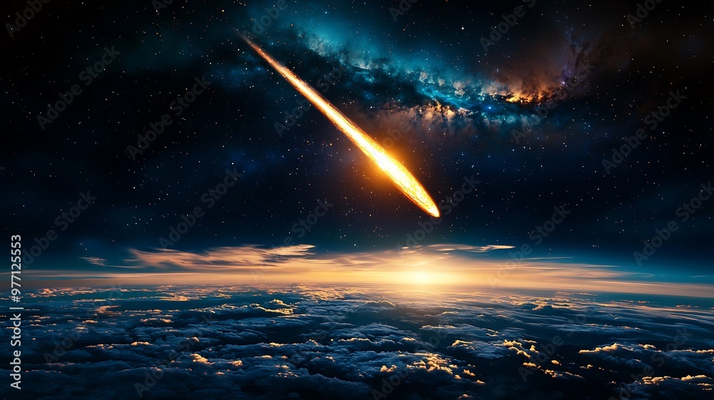 Naklejka premium A fiery meteor lights up the night sky as it streaks above clouds and stars.