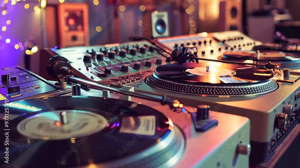 A lively a professional DJ setup with sleek vinyl turntables on a ...