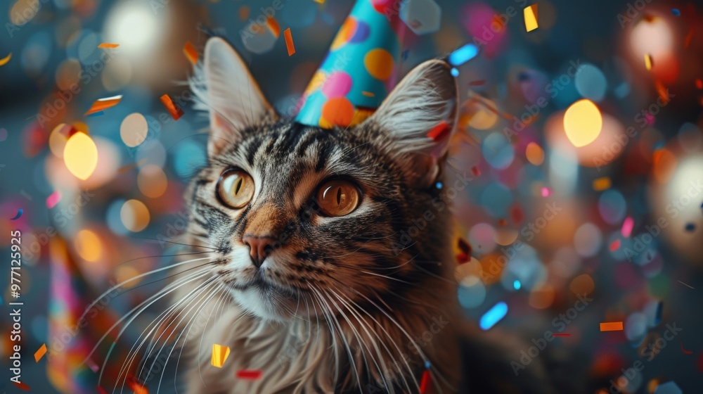 Happy birthday. elegant cat wearing sunglasses and a colorful party hat, with confetti flying around in the background, creating a festive atmosphere for birthday or celebration themes. Happy birthday. elegant cat wearing sunglasses and a colorful party hat, with confetti flying around in the background, creating a festive atmosphere for birthday or celebration themes.