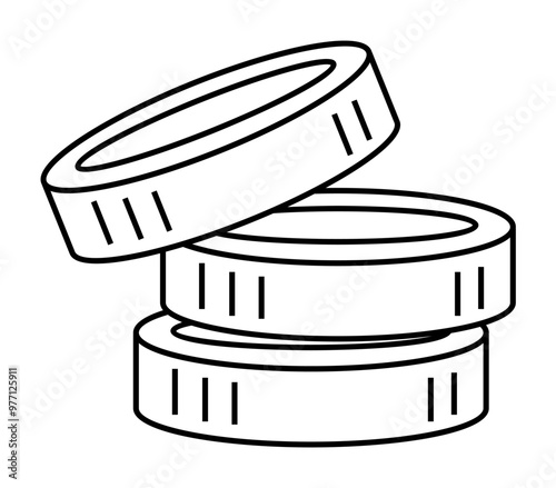 Three coins stacked, sketched using minimalistic black lines. Ideal for themes of wealth, savings, finance, investment, and minimalism. Simple drawing style.