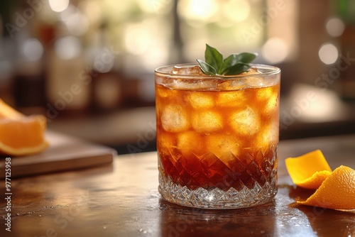 Cocktail Brandy Crusta amber colored placed on the right side of the table with an orange peel on the table. Blurred bar with sunlight in the background.