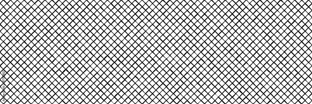 Hand drawn diagonal grid as simple seamless pattern bw. Grunge lines with shapeless scribbles. Sheet with wavy hand drawn grid lines. Vector illustration