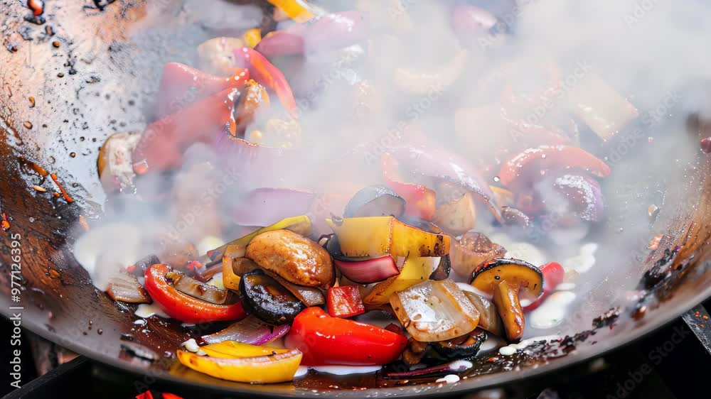 A vibrant mix of bell peppers, onions, and mushrooms sizzles in a wok over an open flame. colorful vegetables glisten with oil, creating an aromatic, lively kitchen scene. A vibrant mix of bell peppers, onions, and mushrooms sizzles in a wok over an open flame. colorful vegetables glisten with oil, creating an aromatic, lively kitchen scene.