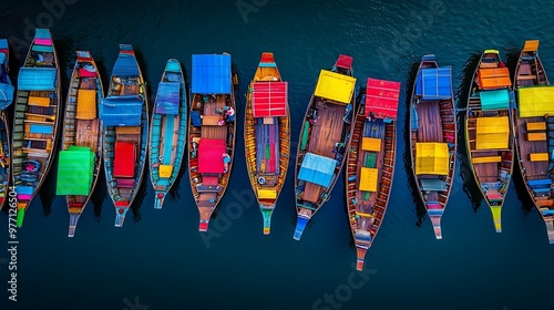 Vibrant Aerial View of Floating Market in Thailand with Colorful Boats and Stalls of Traditional 