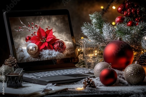 laptop with festive christmas decorations and ornaments photo