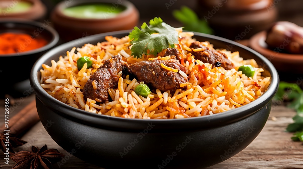 Vibrant Biryani Dish with Aromatic Spices and Cultural Garnishes in Rustic Setting Vibrant Biryani Dish with Aromatic Spices and Cultural Garnishes in Rustic Setting