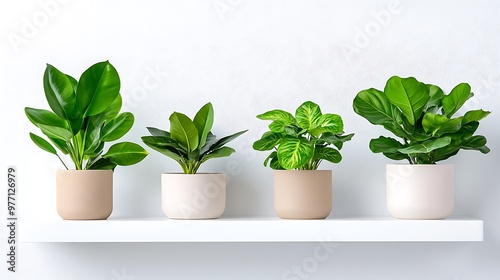 A row of green plants in pots on a white shelf, bringing life to a simple, modern space.