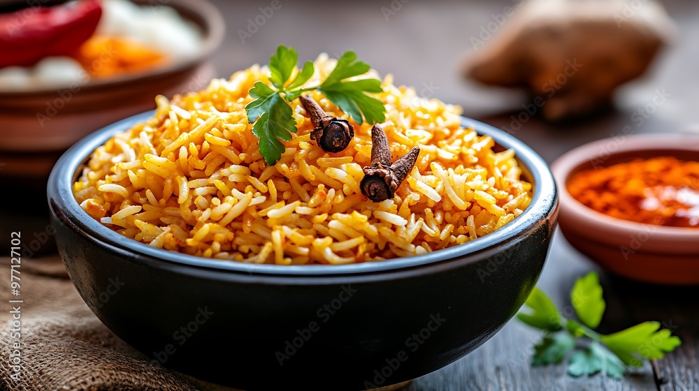 Vibrant Biryani Dish with Aromatic Spices and Cultural Garnishes in Rustic Setting Vibrant Biryani Dish with Aromatic Spices and Cultural Garnishes in Rustic Setting