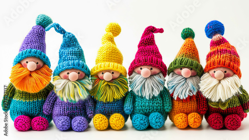 Seven cute knitted gnomes on a white background photo