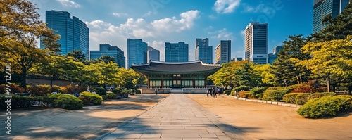 The peaceful walkways of Deoksugung Palace, with traditional royal architecture surrounded by modern Seoul skyscrapers  photo