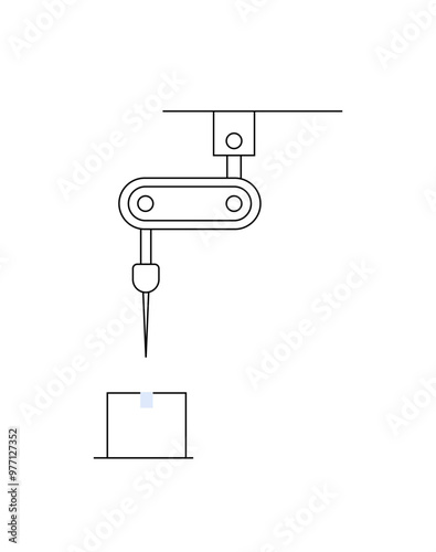 A robotic arm positions above a cube, indicating automated assembly. Ideal for technology, automation, industry, manufacturing, innovation. Simple and modern style emphasizing precise mechanical