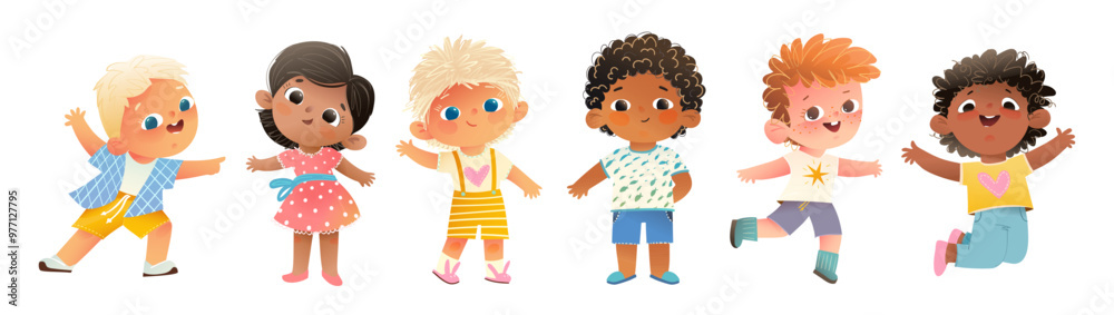 Group of elementary or kindergarten little children boys and girls. Multinational cheerful preschool children. Happy kids boys and girls of different race. Vector characters clipart illustration. Group of elementary or kindergarten little children boys and girls. Multinational cheerful preschool children. Happy kids boys and girls of different race. Vector characters clipart illustration.