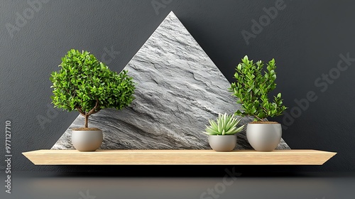 A modern interior design features potted plants on a shelf, blending nature with decor. photo