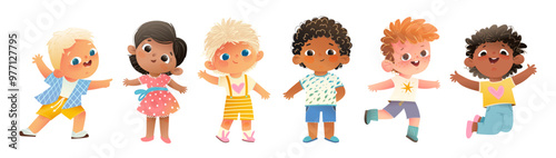 Group of elementary or kindergarten little children boys and girls. Multinational cheerful preschool children. Happy kids boys and girls of different race. Vector characters clipart illustration.