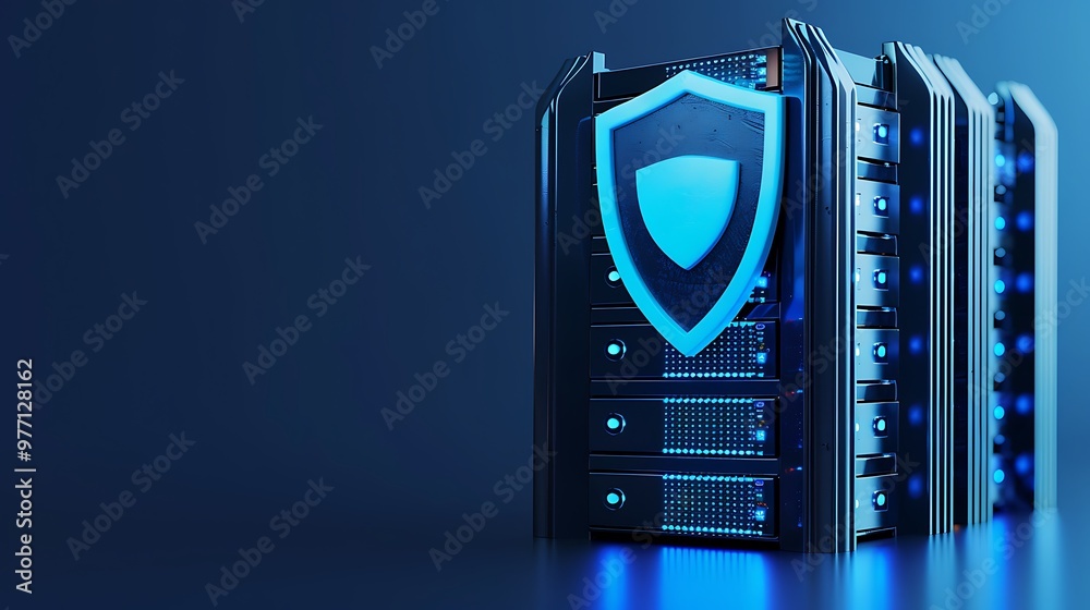 A modern data server featuring a digital shield icon, symbolizing cybersecurity and data protection in a sleek blue environment. A modern data server featuring a digital shield icon, symbolizing cybersecurity and data protection in a sleek blue environment.