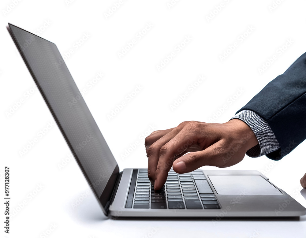 close up casual hand typing on laptop computer isolated on white background close up casual hand typing on laptop computer isolated on white background