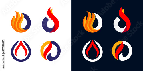 Set of Fire flame round logo vector. O circle oil gas icon