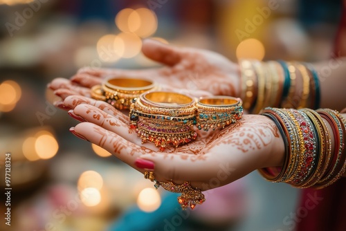 Woman wearing henna tattoo holding bangles during karwa chauth festival photo