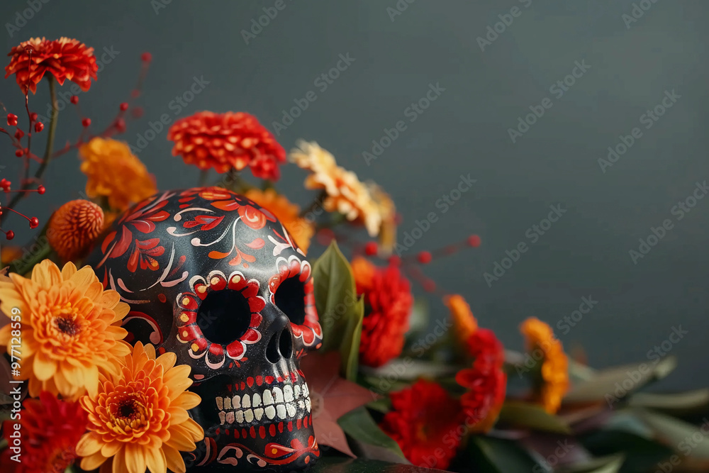 Beautiful greeting card with bright holiday composition for happy to joy celebrate dia de muertos Beautiful greeting card with bright holiday composition for happy to joy celebrate dia de muertos