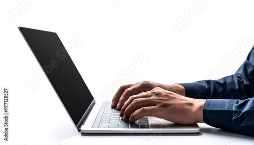 close up casual hand typing on laptop computer isolated on white background
