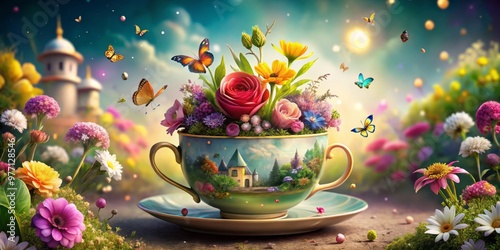 Delicate petals unfurl from the teacup's rim, amidst a lush meadow where unicorns prance and rainbow-colored photo