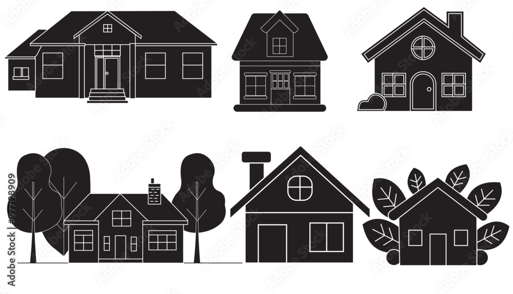 Fototapeta premium Vector cottage silhouette set with rustic charm, perfect for scenic landscapes.