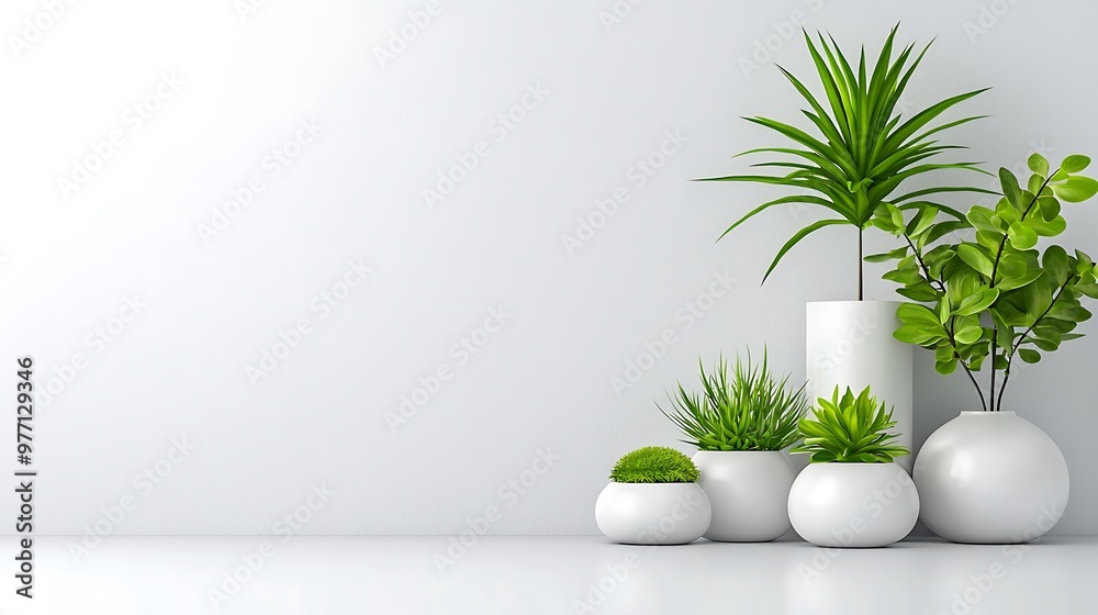 A minimalist white room interior is enhanced by green plants, adding a touch of nature to the serene space. A minimalist white room interior is enhanced by green plants, adding a touch of nature to the serene space.