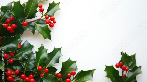 Christmas frame with holly berries with copy space